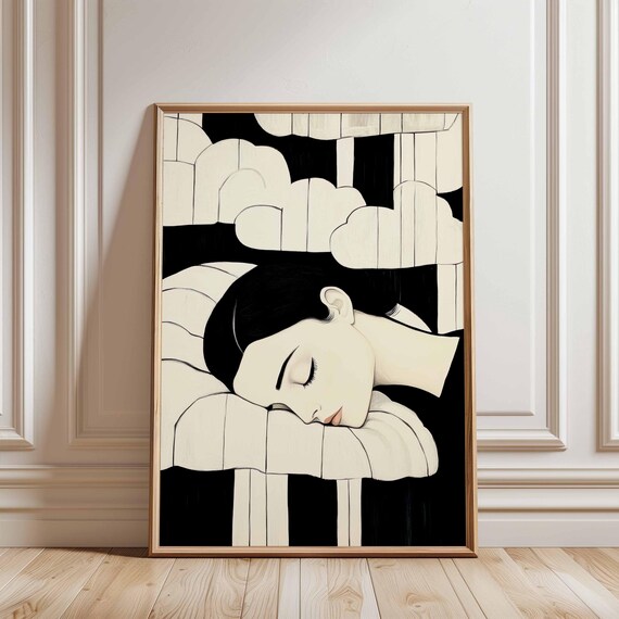 Dreamy Minimalist Print Woman Sleeping On Clouds Black And White Wall Art Feminine Calm Artwork