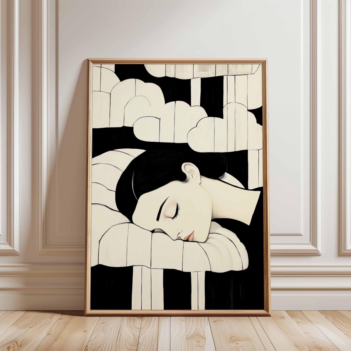 Dreamy Minimalist Print Woman Sleeping On Clouds Black And White Wall Art Feminine Calm Artwork