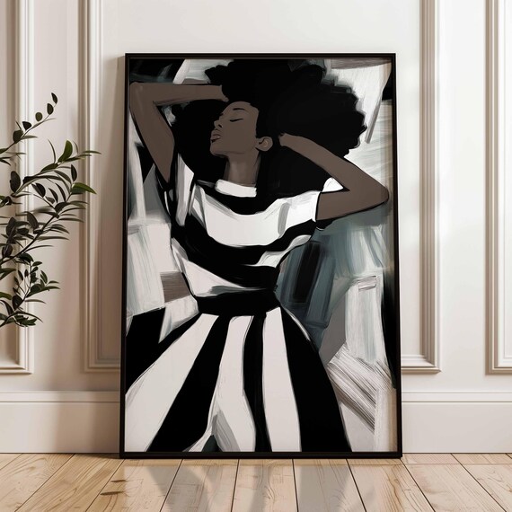 Expressive Woman Portrait In Black And White Stripes Bold Modern Wall Art