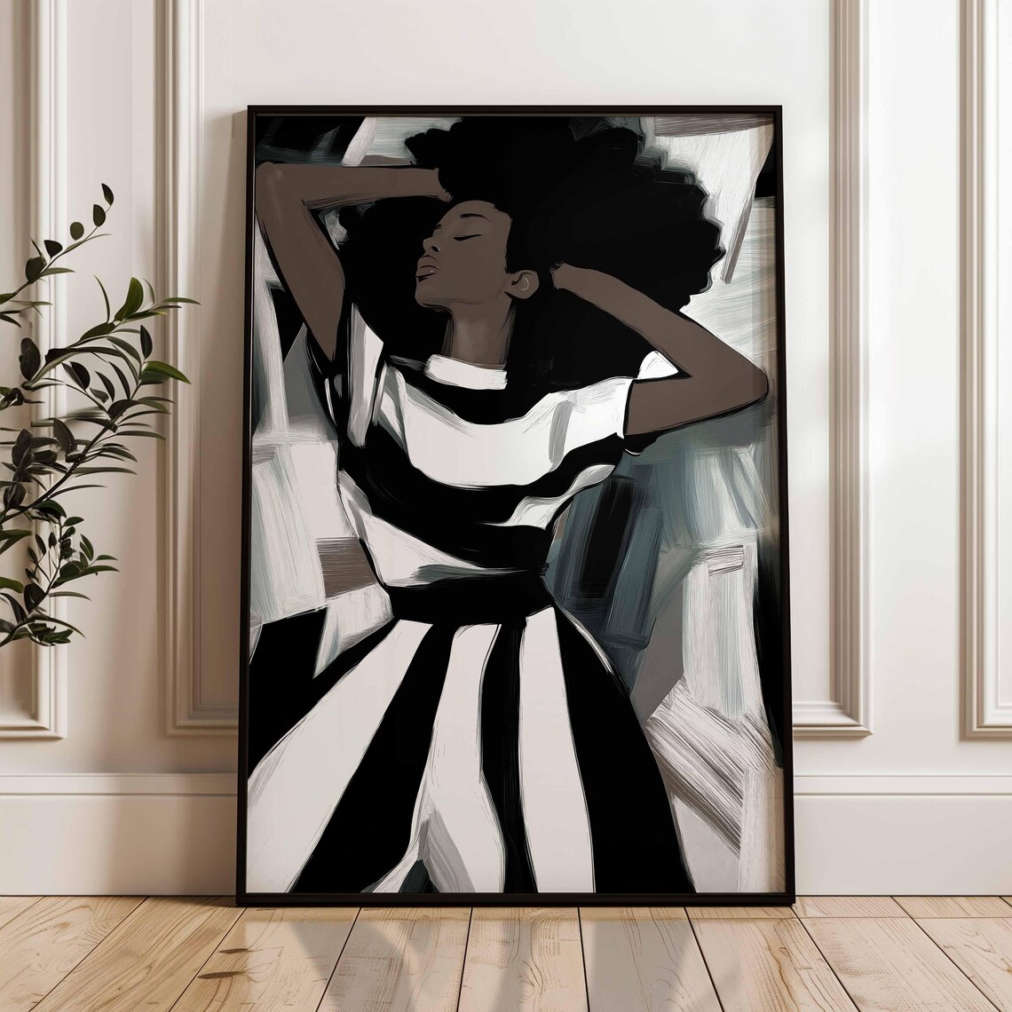 Expressive Woman Portrait In Black And White Stripes Bold Modern Wall Art