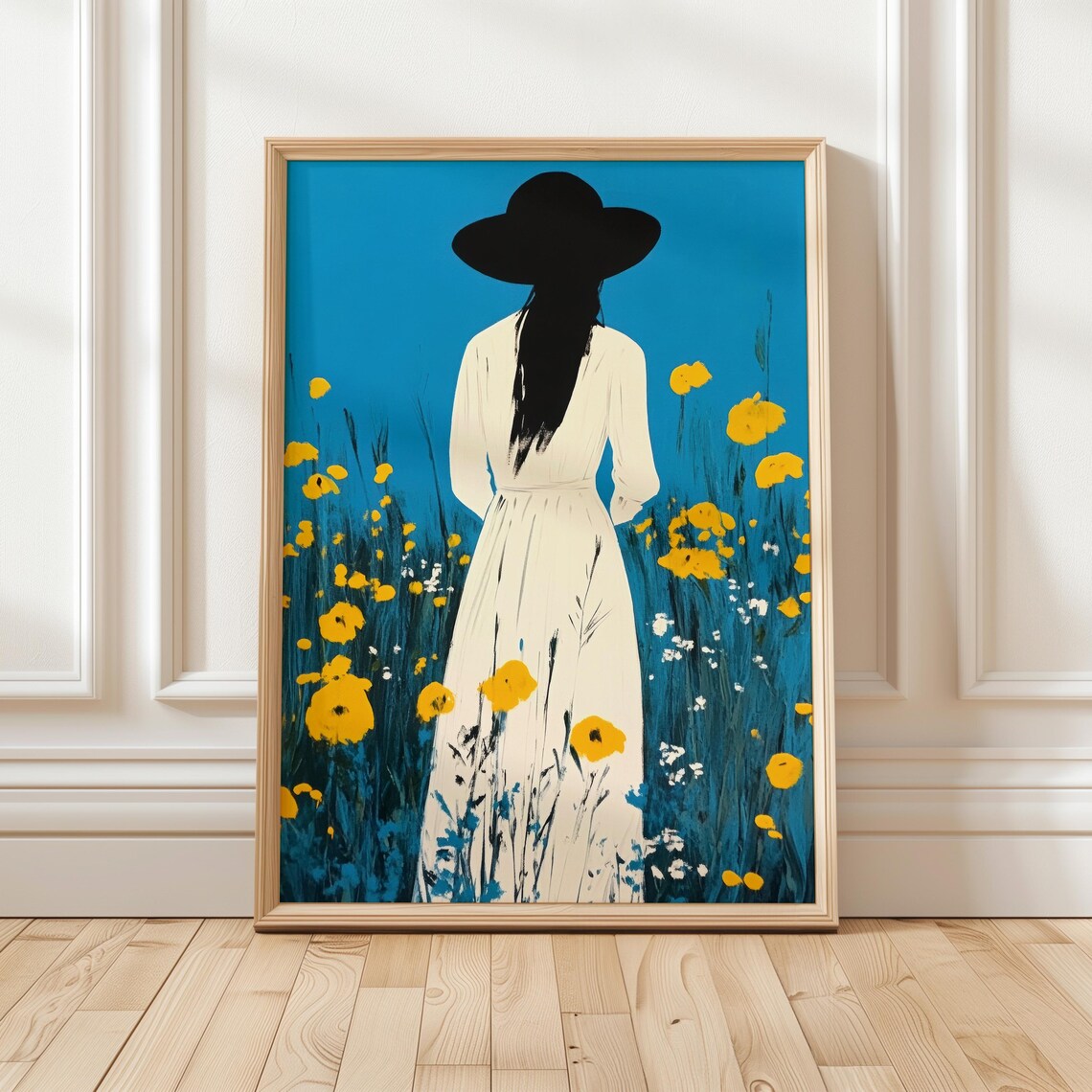 Woman In White Dress Yellow Flower Field Dreamy Summer Poster