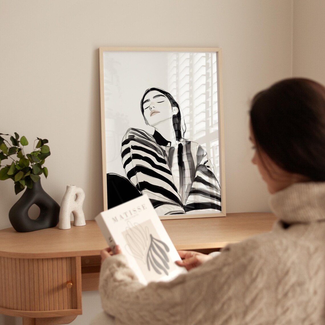 Subtle Striped Woman Portrait Monochrome Minimalist Art Poster - Image 3