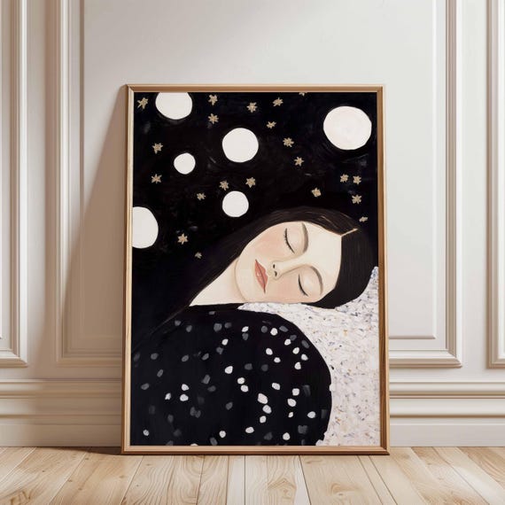 Sleeping Woman Under Stars Dreamy Night Art Feminine Celestial Portrait Neutral Tones Minimalist Wall Decor