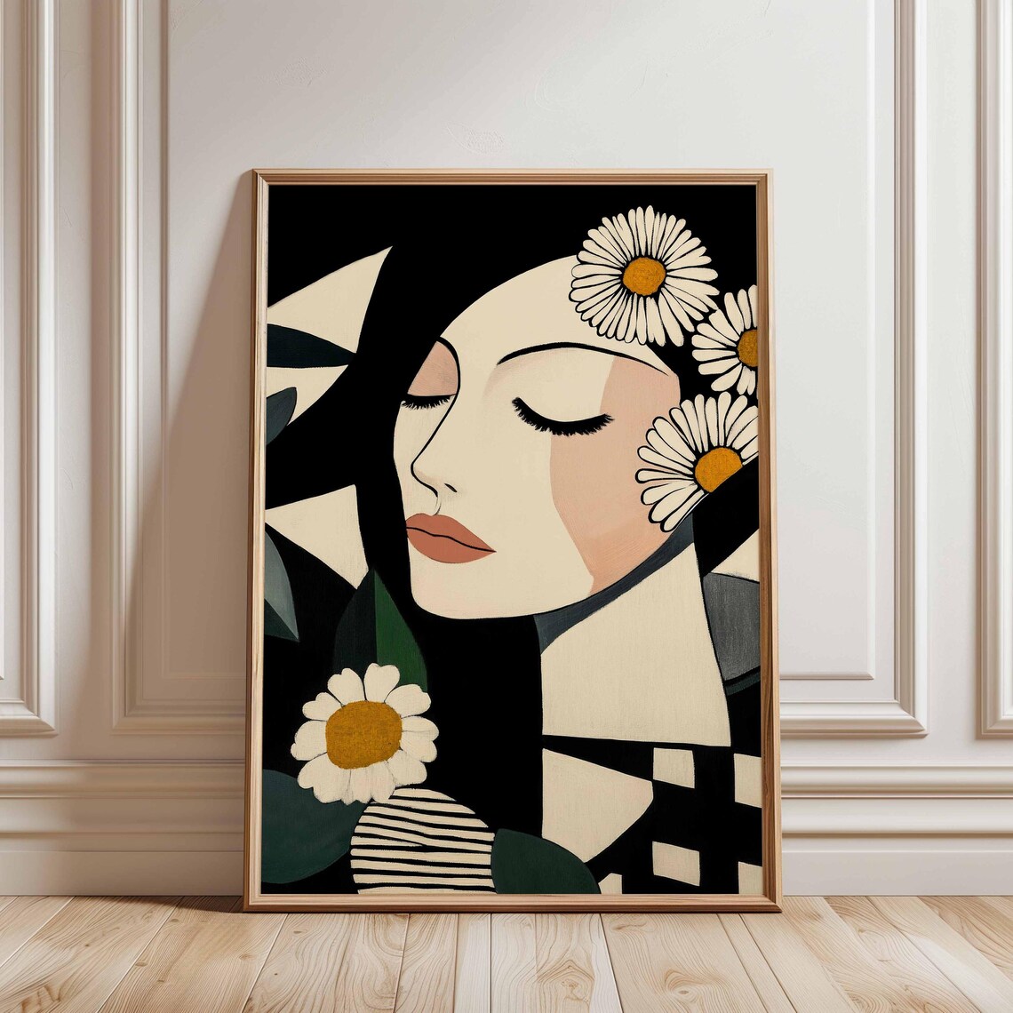 Geometric Woman Portrait With Daisies Modern Abstract Poster