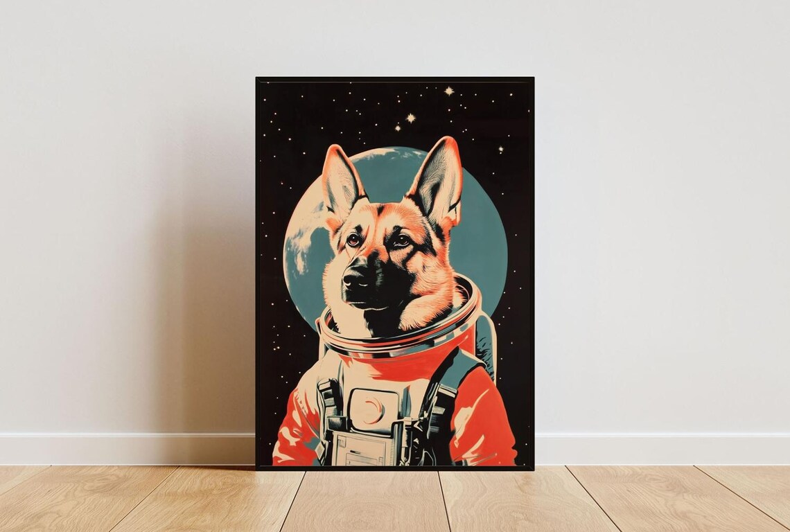 German Shepherd Astronaut Retro Print, Vintage Style