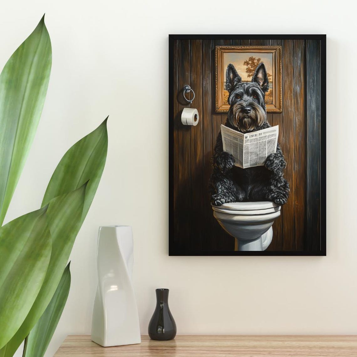Giant Schnauzer On Toilet Reading Newspaper Funny Bathroom Poster - Image 2