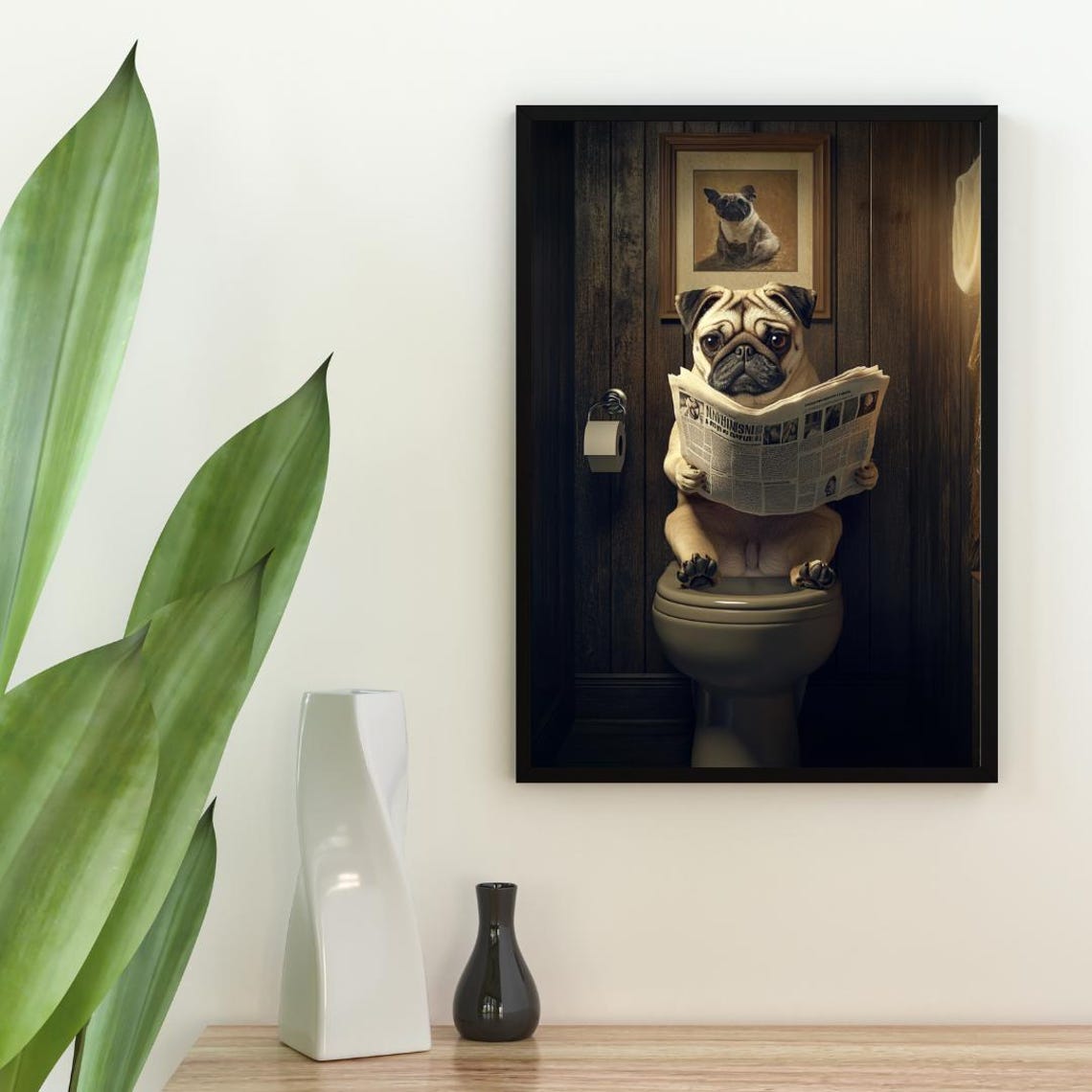 Pug On Toilet Poster Dog Poster Pug Bathroom Print Dog Toilet Wall Art Pug Portrait Dog Bathroom Poster Pug Dog Print Pug On Loo - Image 2