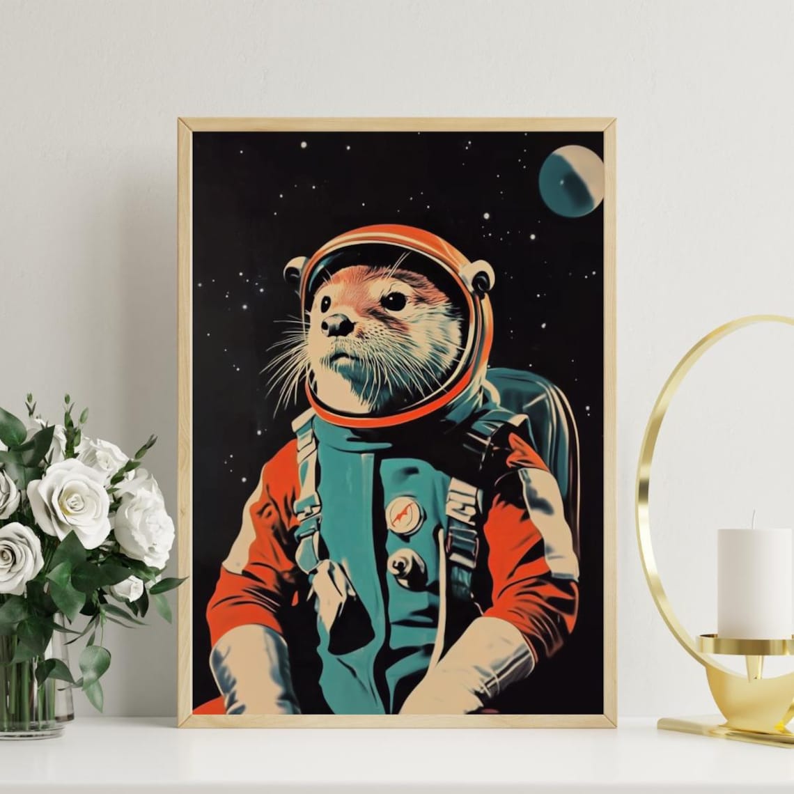 Otter Astronaut Retro Teal Space Suit Moon Stars Whiskered Wonder Poster - Image 3