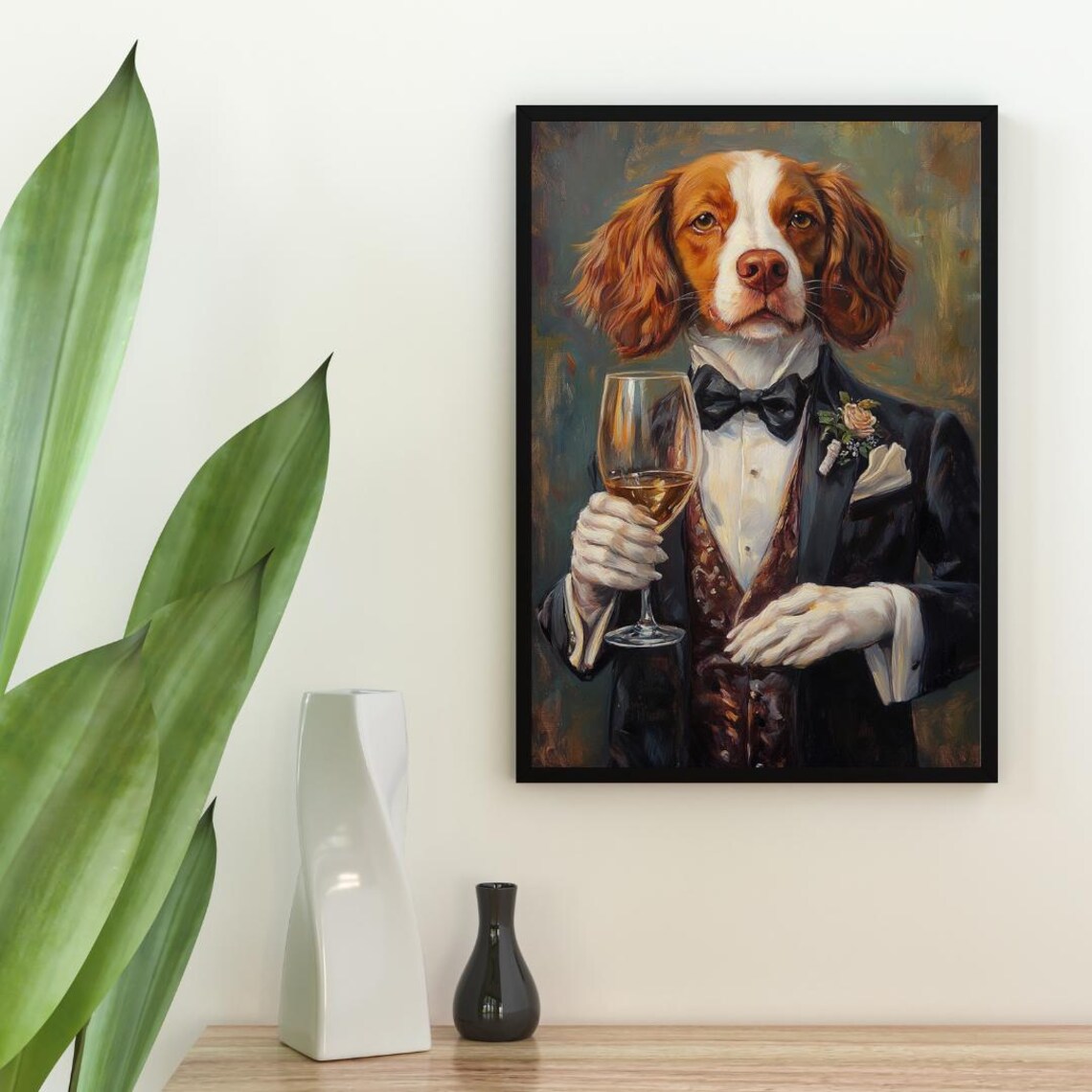 Brittany Spaniel In Tuxedo Dog Portrait Art Print - Image 2