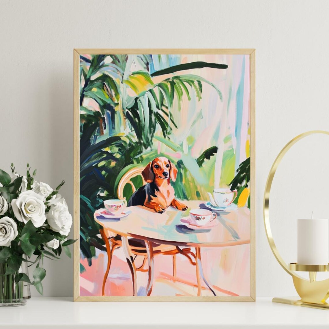 Dachshund Dog Garden Tea Party Pastel Oil Painting Style Poster - Image 3