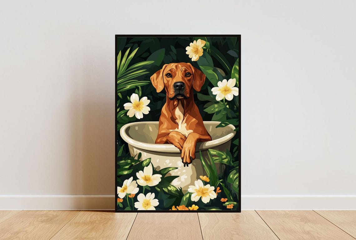 Rhodesian Ridgeback In Bathtub Poster Funny Dog Poster Rhodesian Ridgeback Bathroom Print Rhodesian Ridgeback Bath Poster Pet Wall Art