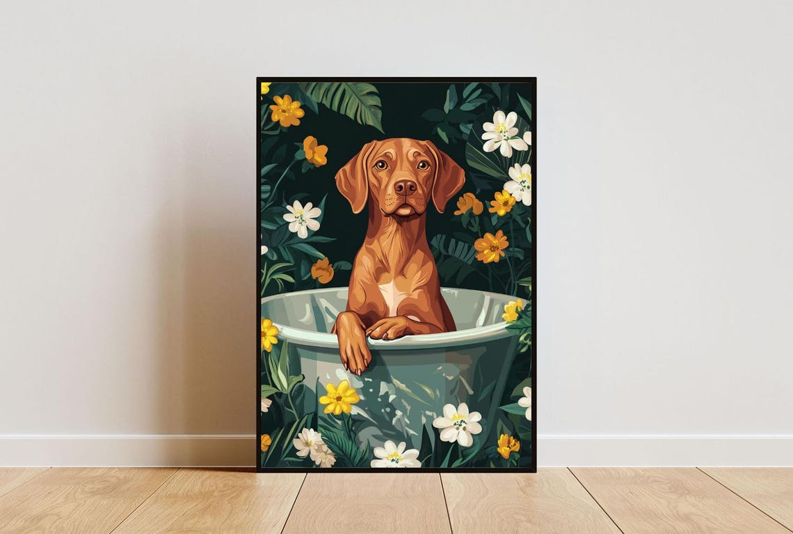 Vizsla in Bathtub Rust Brown Dog Bathroom Tropical Floral Art Poster