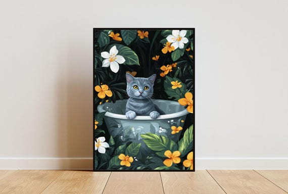 Russian Blue In Bathtub Poster Funny Cat Poster Russian Blue Bathroom Print Russian Blue Bath Poster Pet Poster Cat Bathroom Wall Art