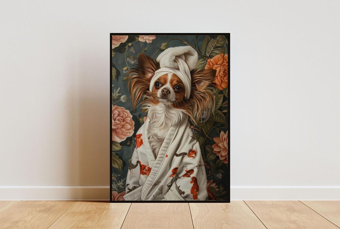 Papillon In Bathrobe Poster, Dog Bathroom Art Print