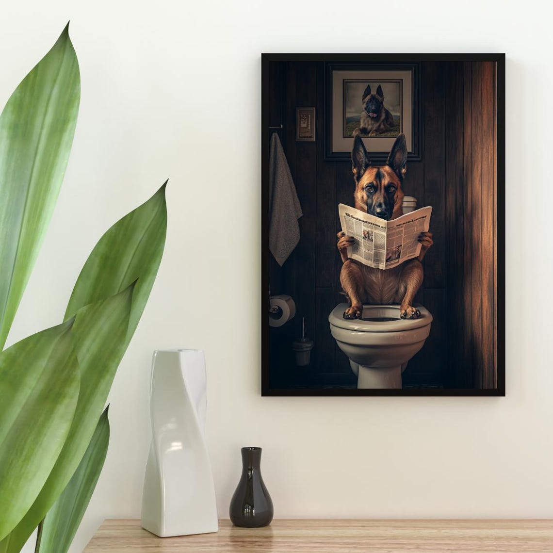 Belgian Malinois Dog Reading Newspaper On Toilet Funny Bathroom Poster - Image 2