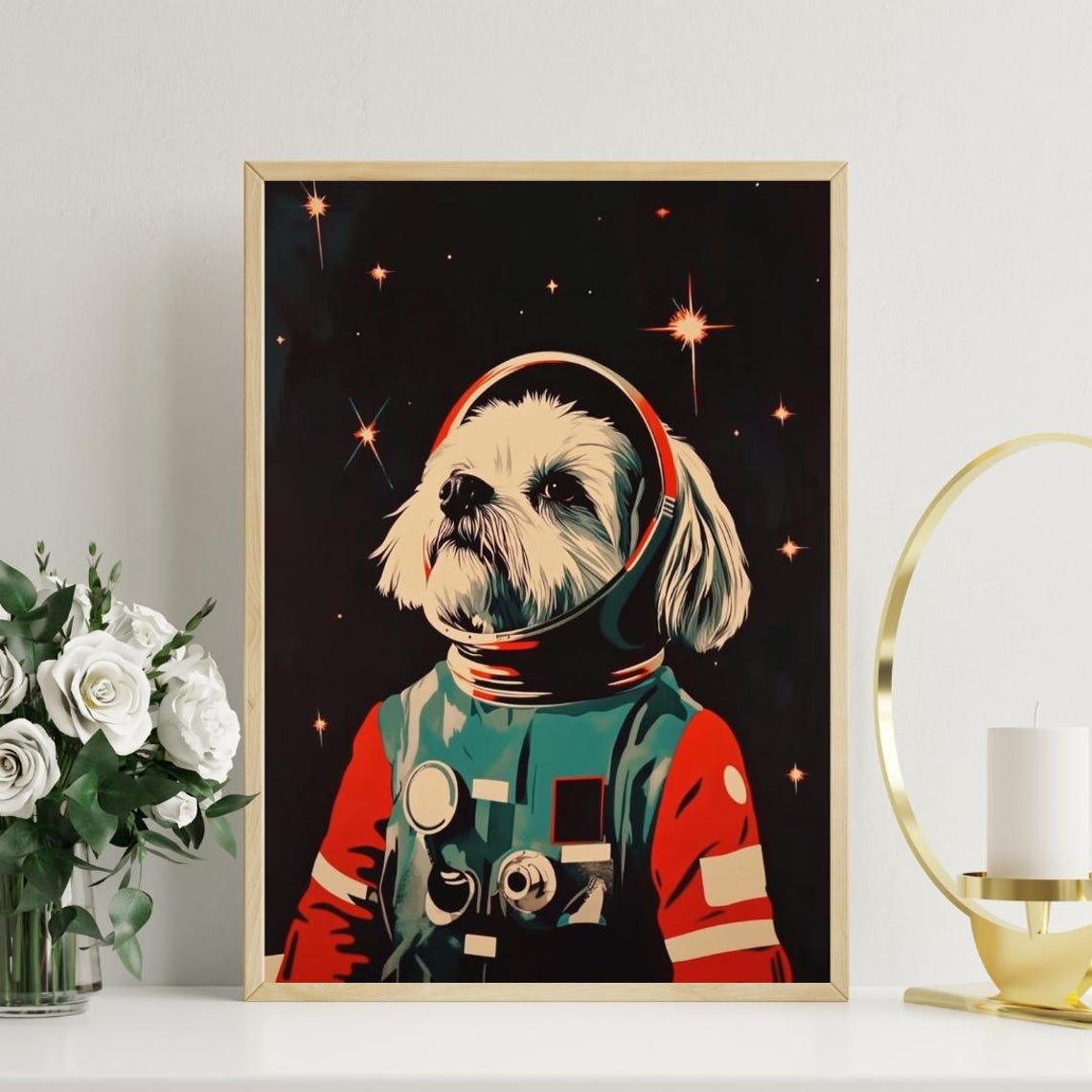 Shih Tzu Astronaut Retro Space Dog Portrait Funny Poster Art Gift - Image 3