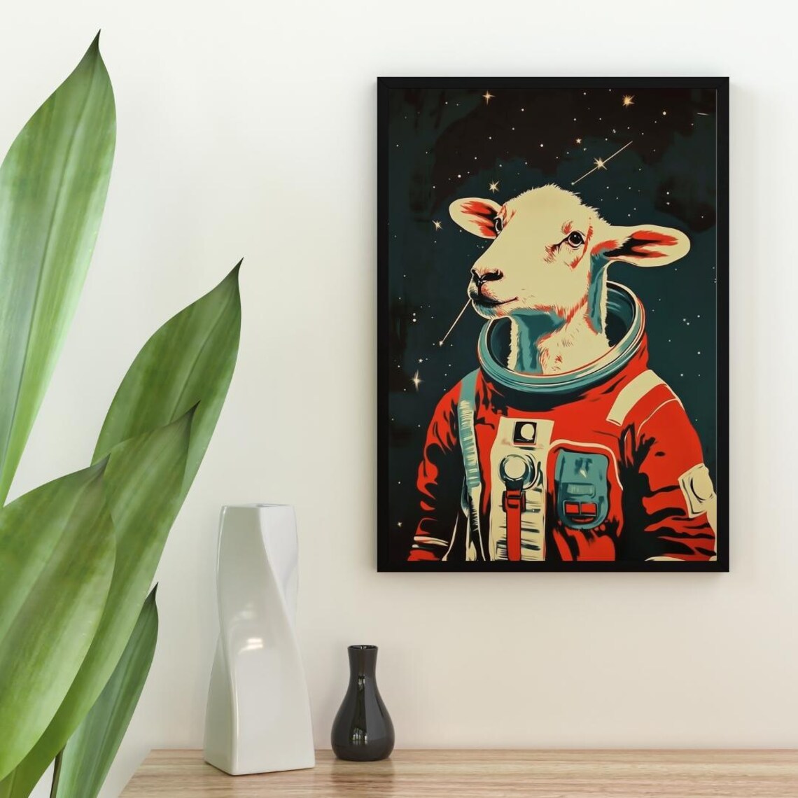 Sheep Astronaut Retro Red Space Suit Stars Woolly Explorer Portrait Poster - Image 2