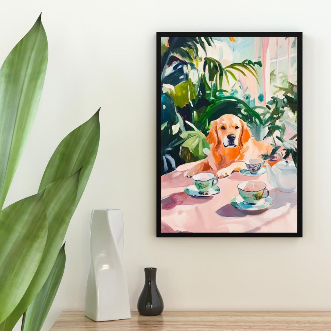 Golden Retriever Tea Party Watercolor Dog with Teacups Funny Poster - Image 2
