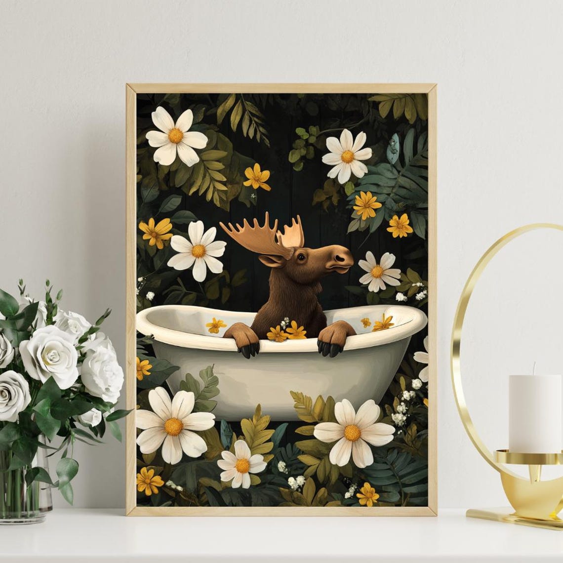 Moose Bathtub Daisy Botanical Dark Art Funny Animal Vintage Poster - Image 3