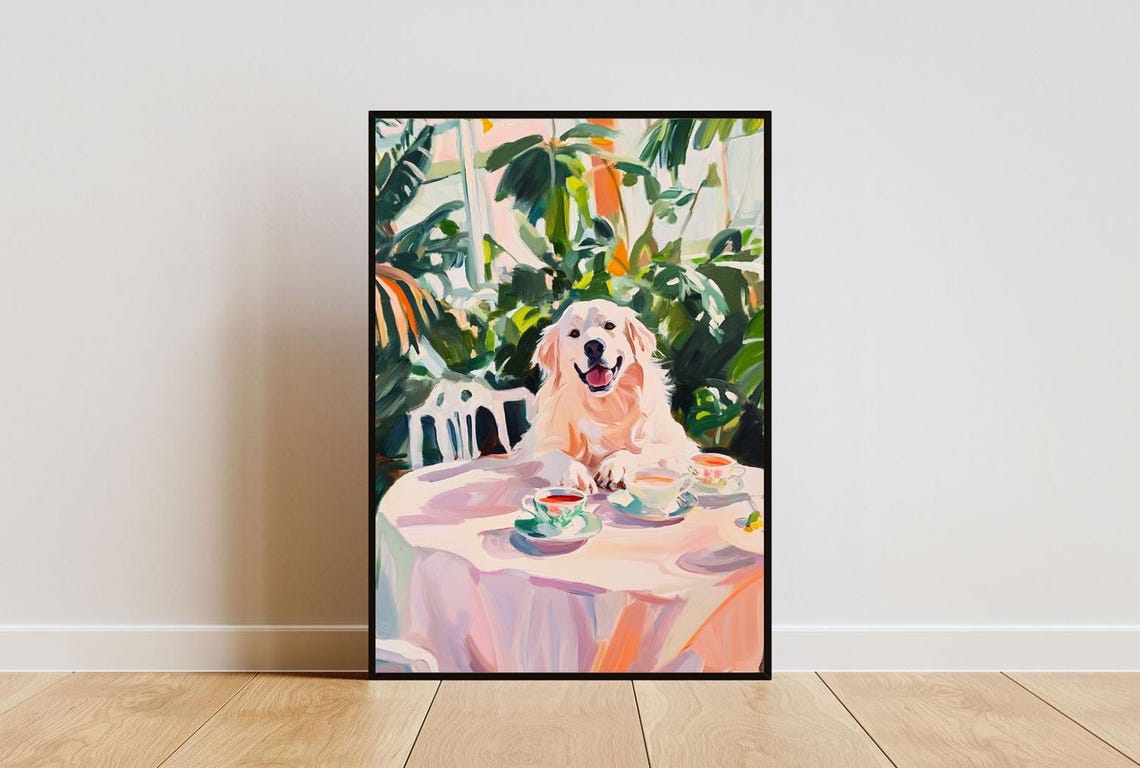 Funny Great Pyrenees Cafe Table Afternoon Tea Party Dog Poster