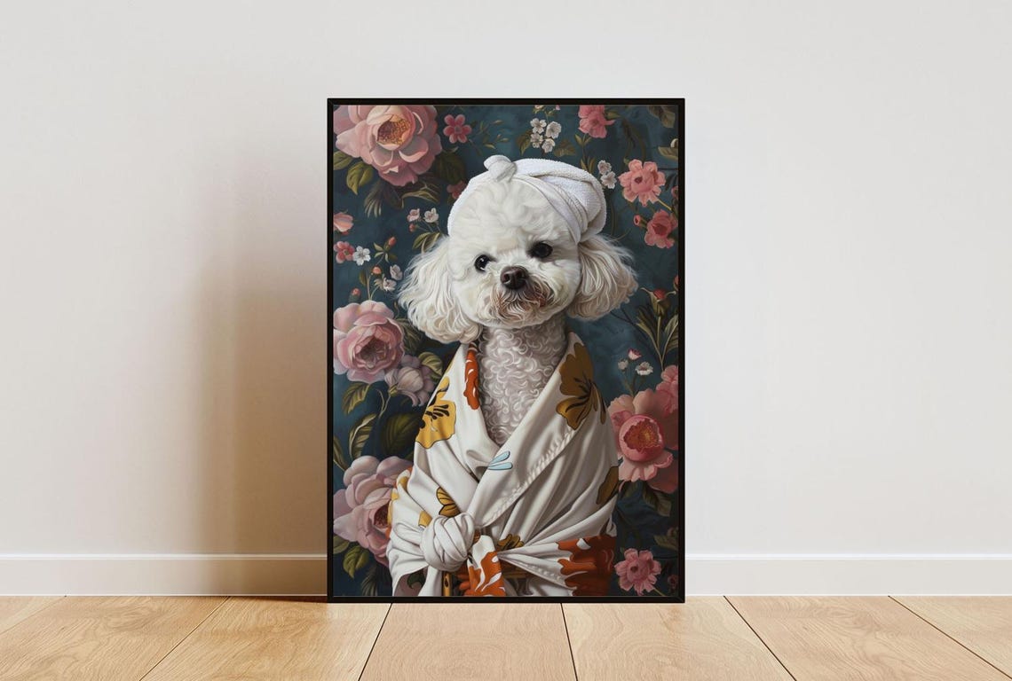 Bichon Frise In Bathrobe Spa Day Portrait Funny White Dog Poster