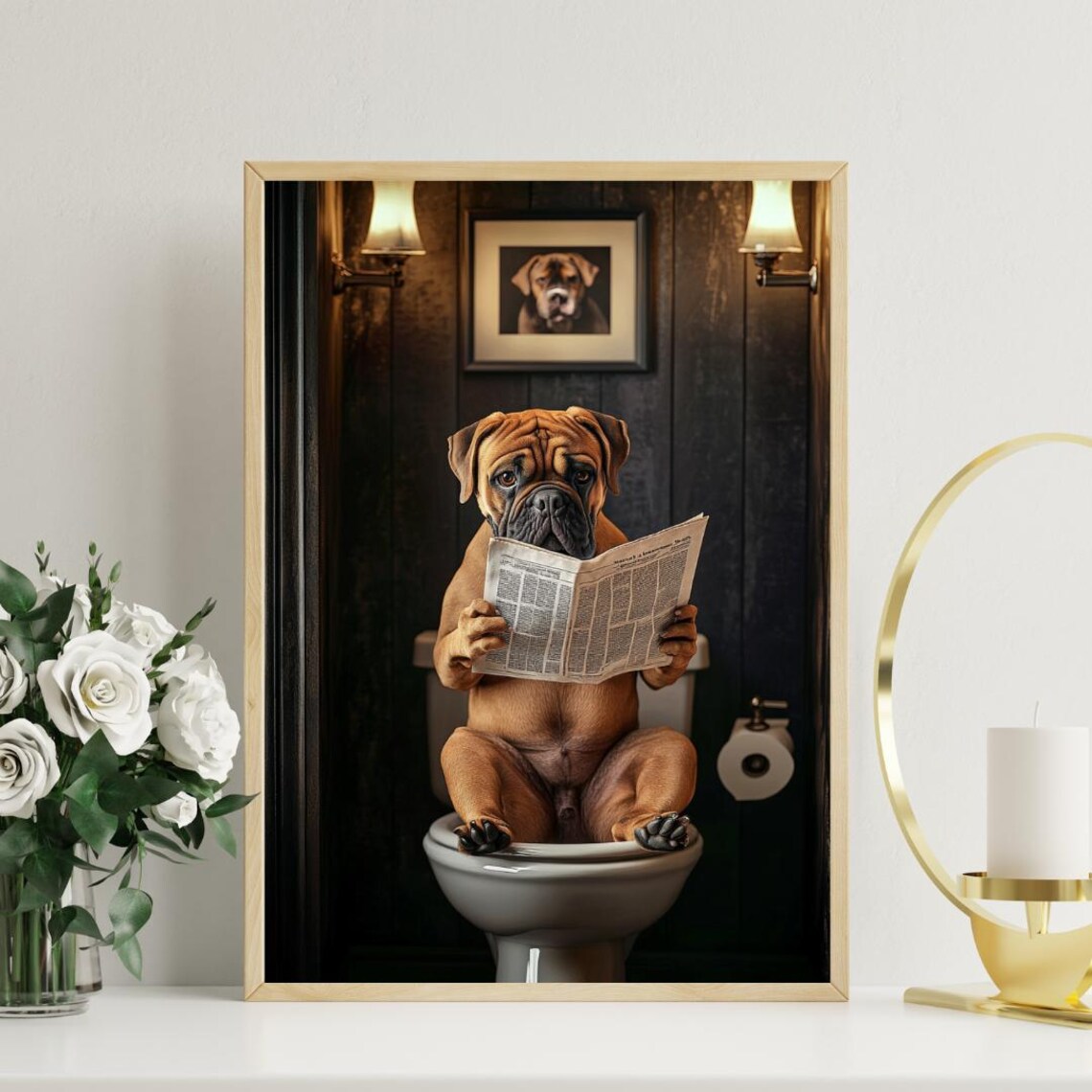 Bullmastiff Dog Reading Newspaper On Toilet Funny Bathroom Poster - Image 3