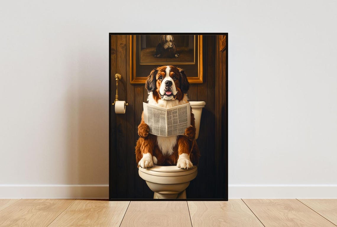 Saint Bernard On Toilet Reading Newspaper Funny Bathroom Poster