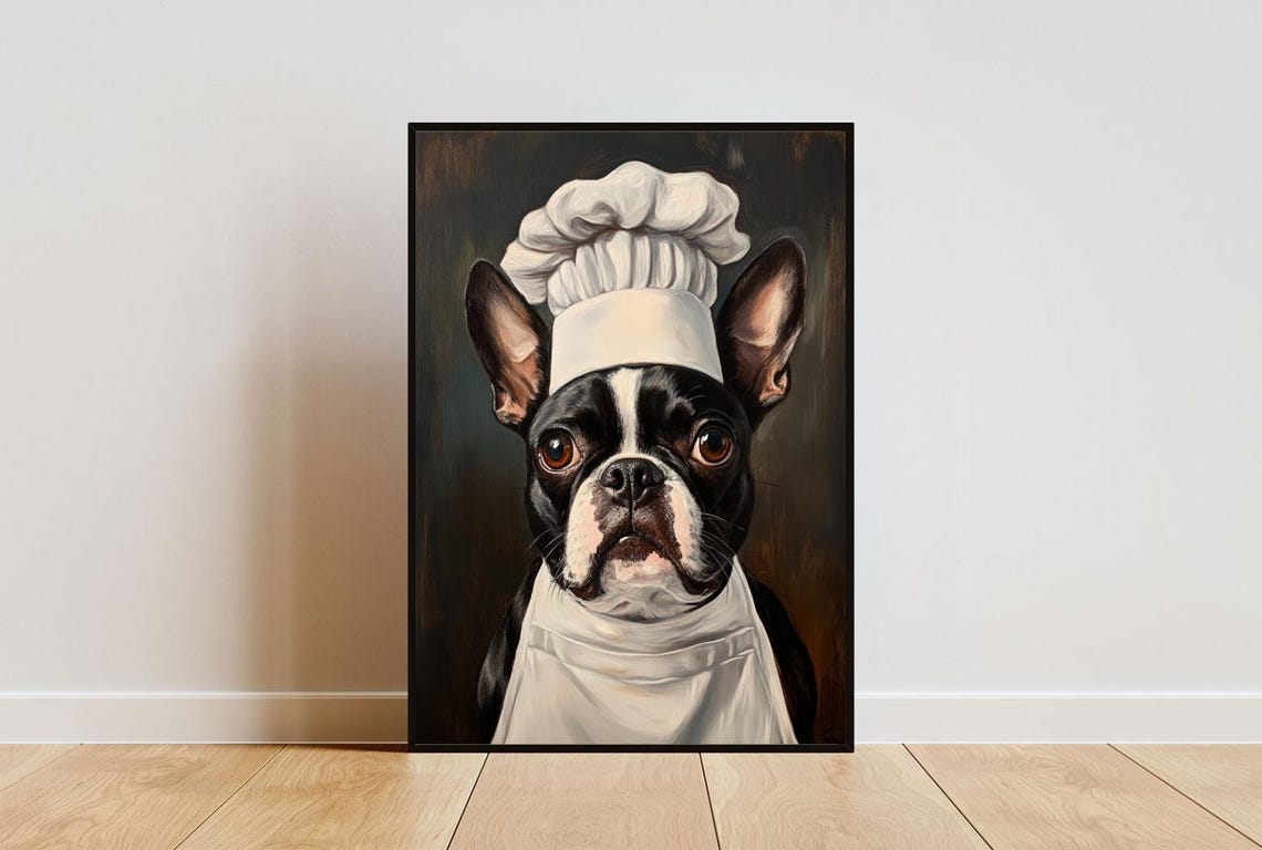 Boston Terrier Chef Dog Portrait Funny Pet Kitchen Art Poster