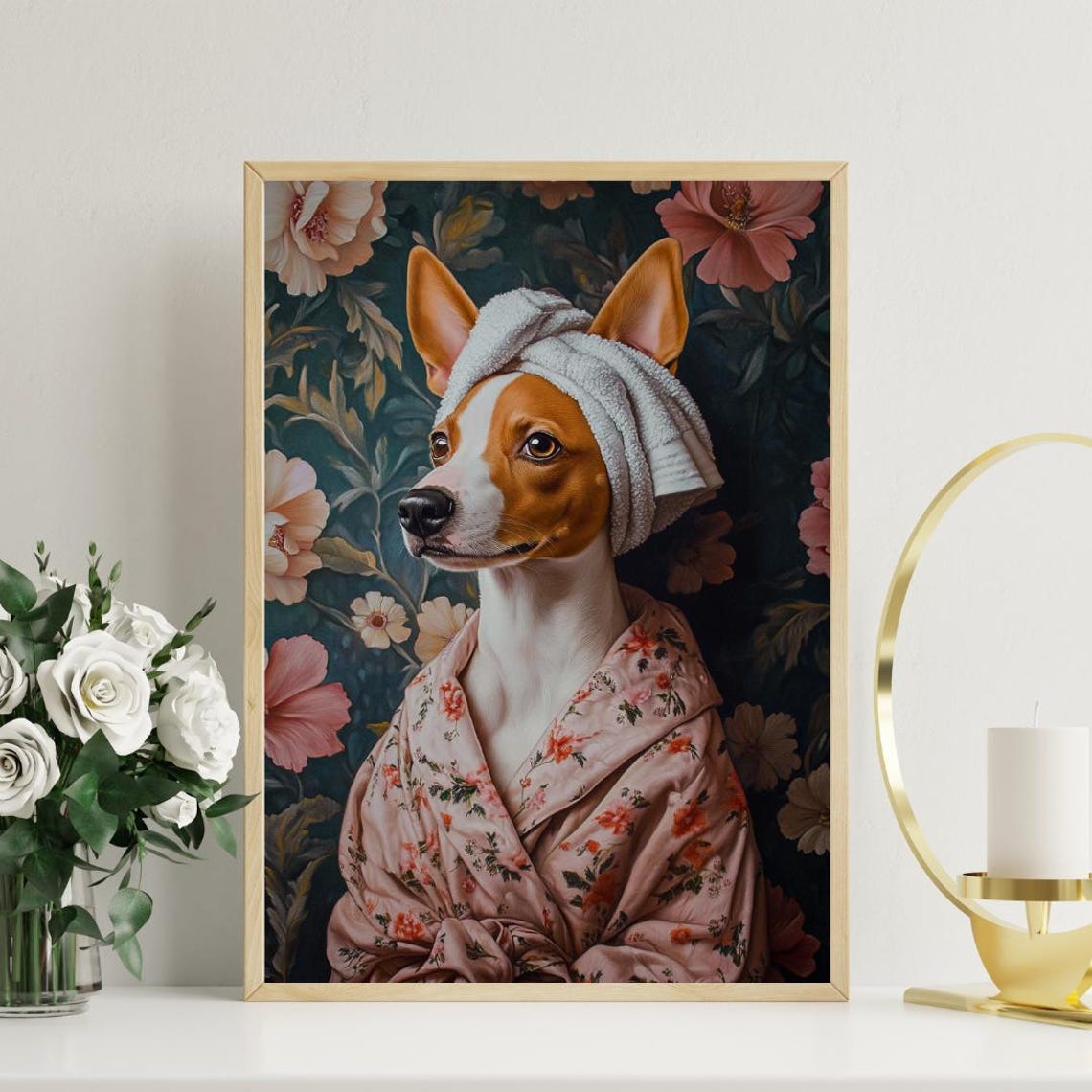 Basenji In Bathrobe Spa Day Portrait Funny Dog Bathroom Poster - Image 3