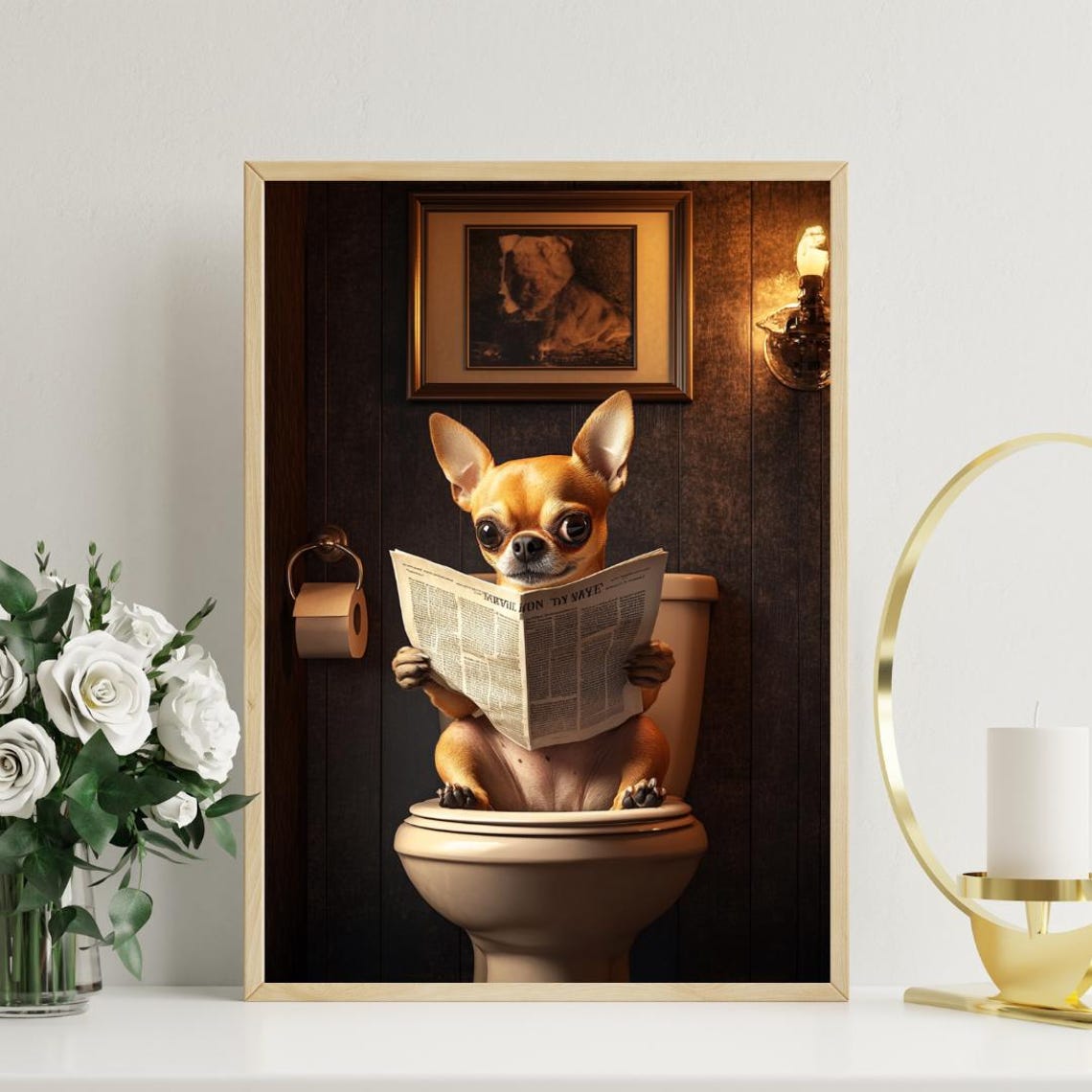 Chihuahua Sitting On Toilet Reading Newspaper Funny Bathroom Poster - Image 3