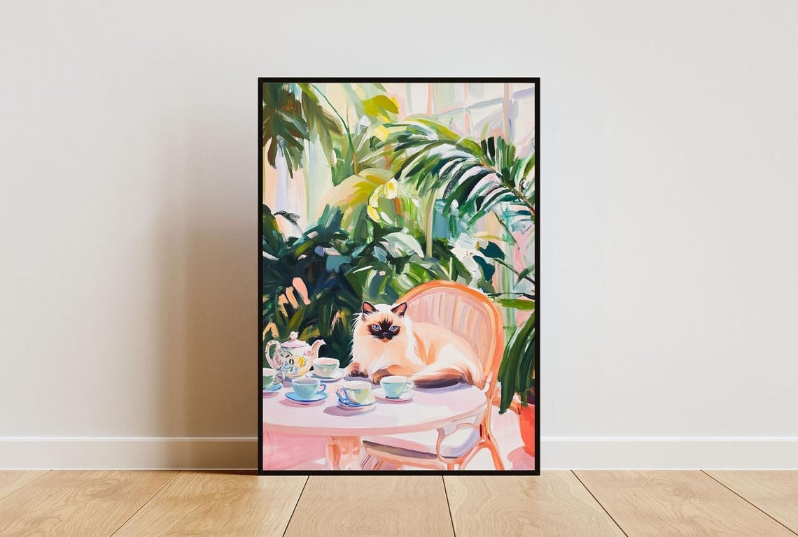 Birman Cat at Tea Table Whimsical Colorpoint Cat Painting Poster