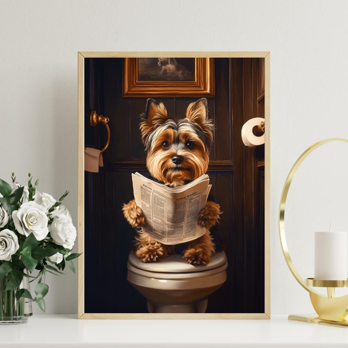 Biewer Terrier on a Toilet Reading a Newspaper in a Bathroom Poster - Image 3