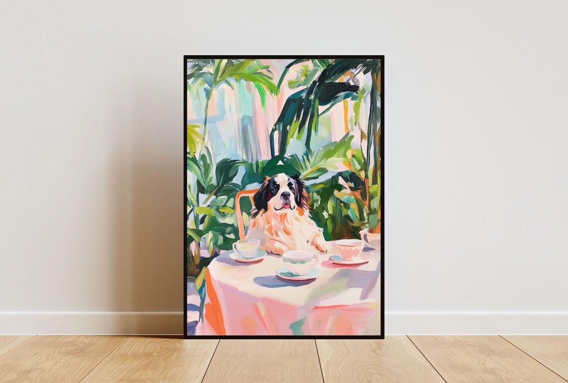 Saint Bernard Cafe Afternoon Tea Party Funny Gentle Dog Poster