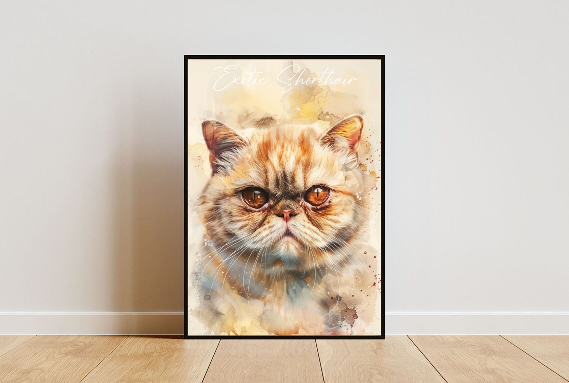 Exotic Shorthair Cat Watercolor Portrait Golden Eyes Fine Art Poster