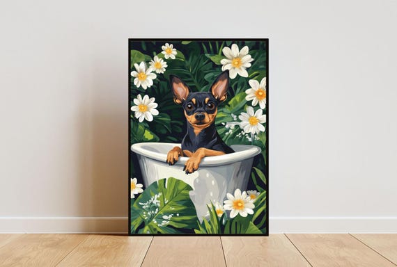Miniature Pinscher In Bathtub Poster Funny Dog Poster Miniature Pinscher Bathroom Print Miniature Pinscher Bath Poster Bathroom Wall Art