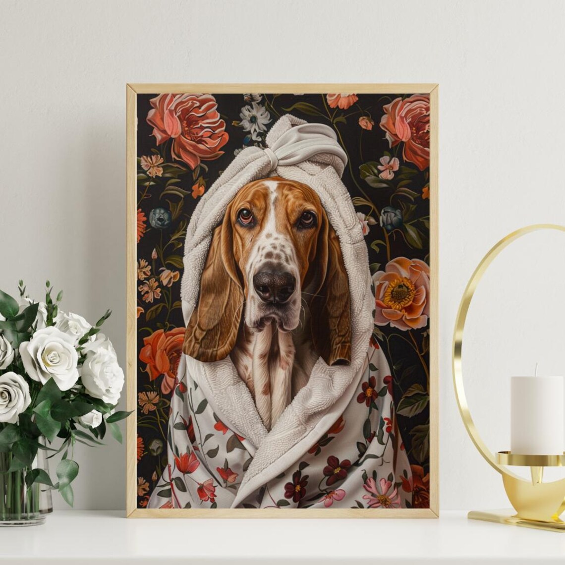 Basset Hound In Bathrobe Bathroom Art Print - Image 3