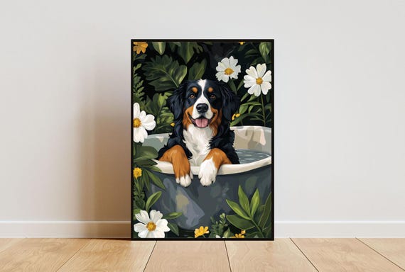 Bernese Mountain Dog In Bathtub Poster Funny Dog Poster Bernese Mountain Dog Bathroom Print Bernese Mountain Dog Bath Poster Pet Poster