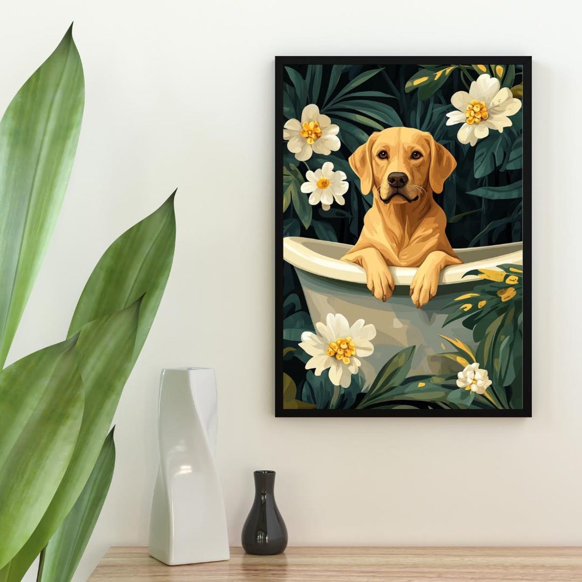 Labrador Retriever Dog In Bathtub With White Tropical Flowers Poster - Image 2