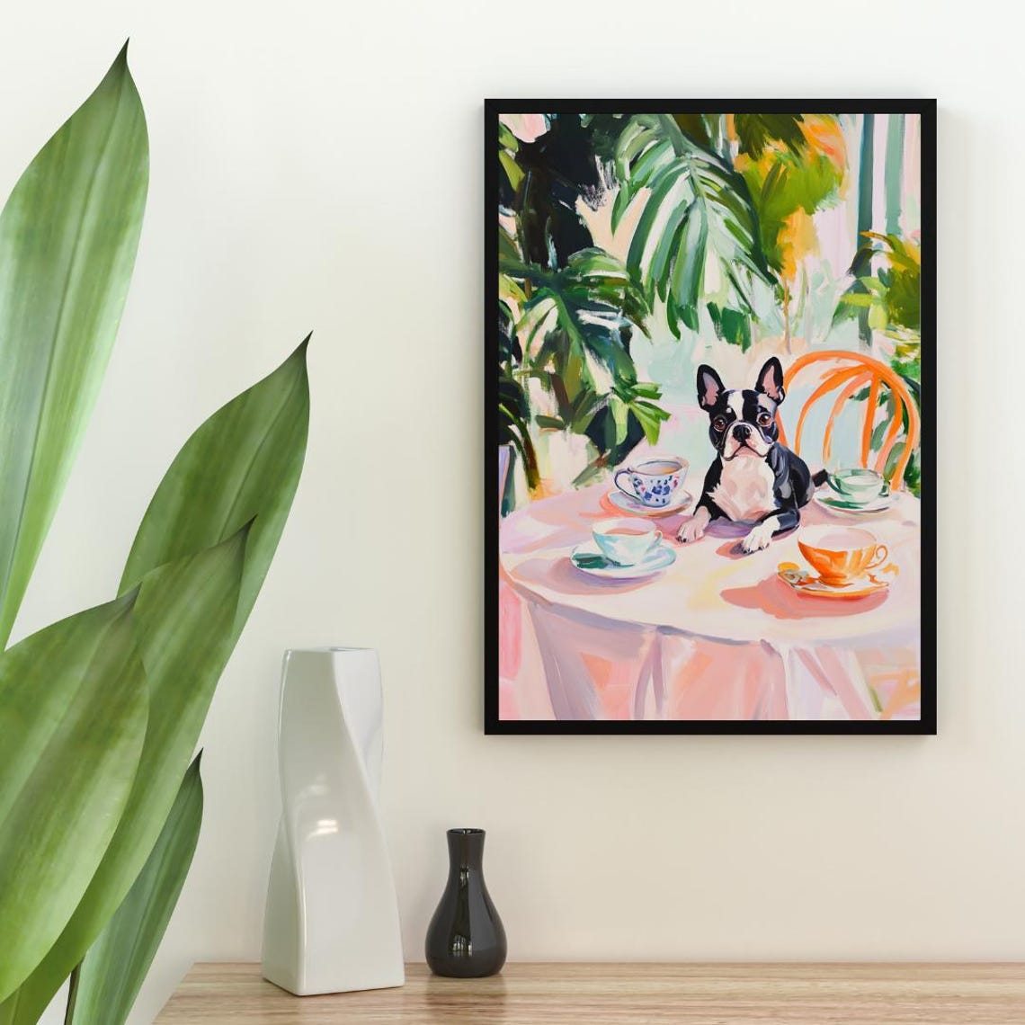 Boston Terrier Dog Garden Tea Party Pastel Painting Style Poster - Image 2