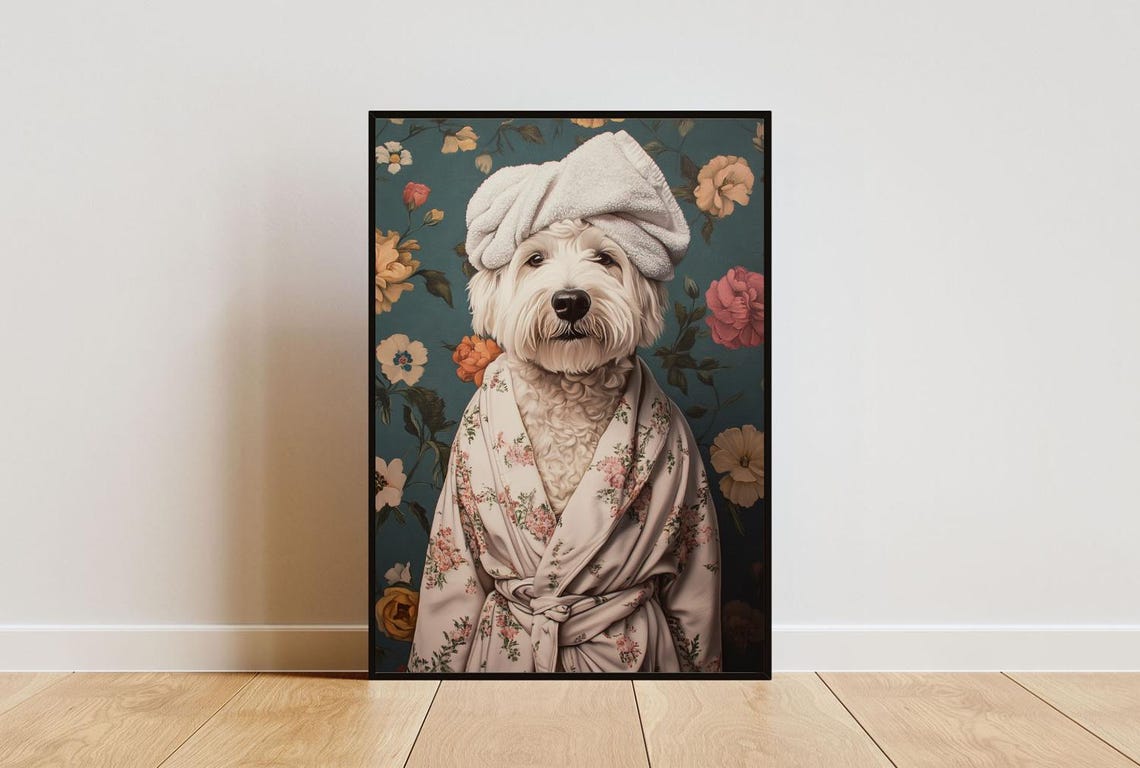 Old English Sheepdog In Bathrobe Poster Dog Poster Old English Sheepdog Bathroom Print Dog Wall Art Old English Sheepdog Portrait Pet