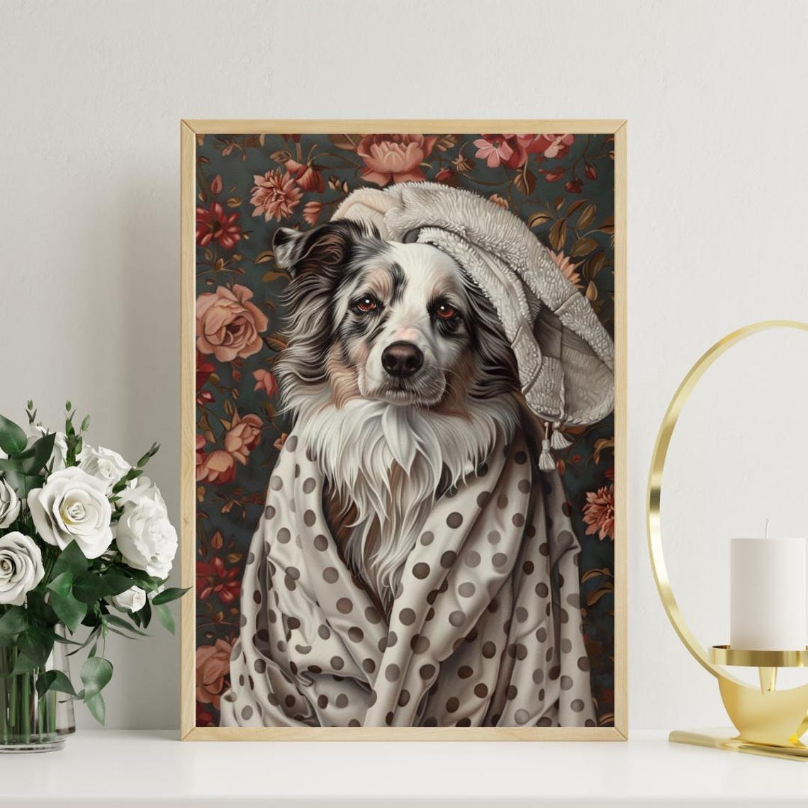 Fluffy Australian Shepherd Dog in Bathrobe Fun Spa Day Art Poster - Image 3