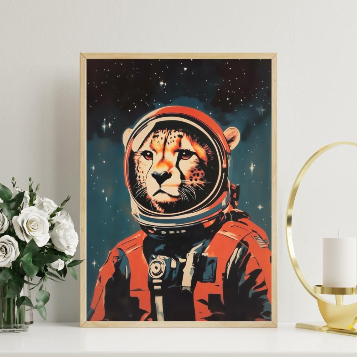 Cheetah Astronaut Retro Orange Space Suit Stars Wildcat Portrait Poster - Image 3