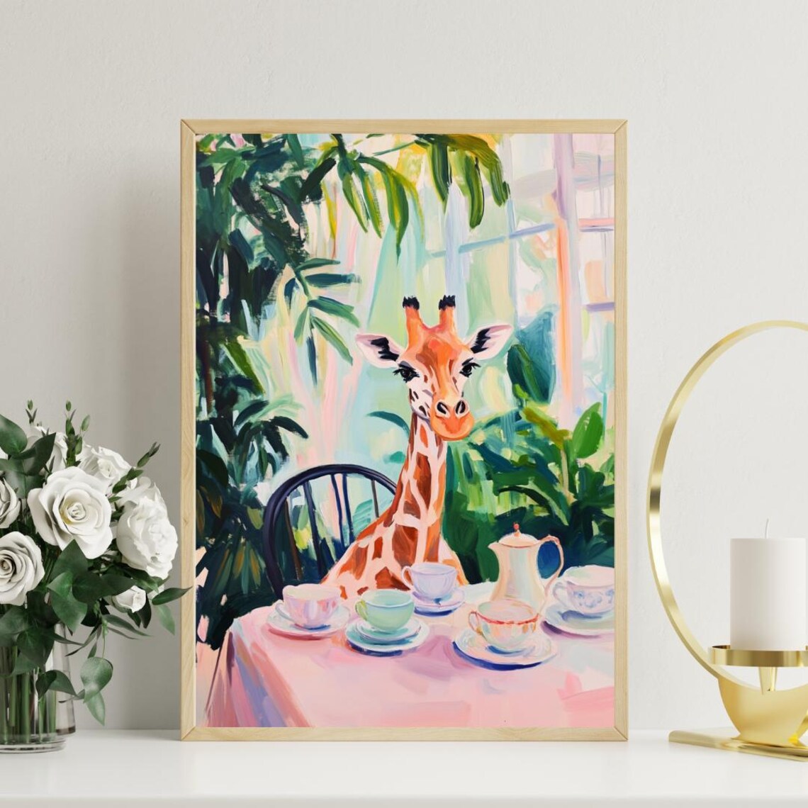 Giraffe at Tea Table Whimsical Safari Animal Painting Portrait Poster - Image 3