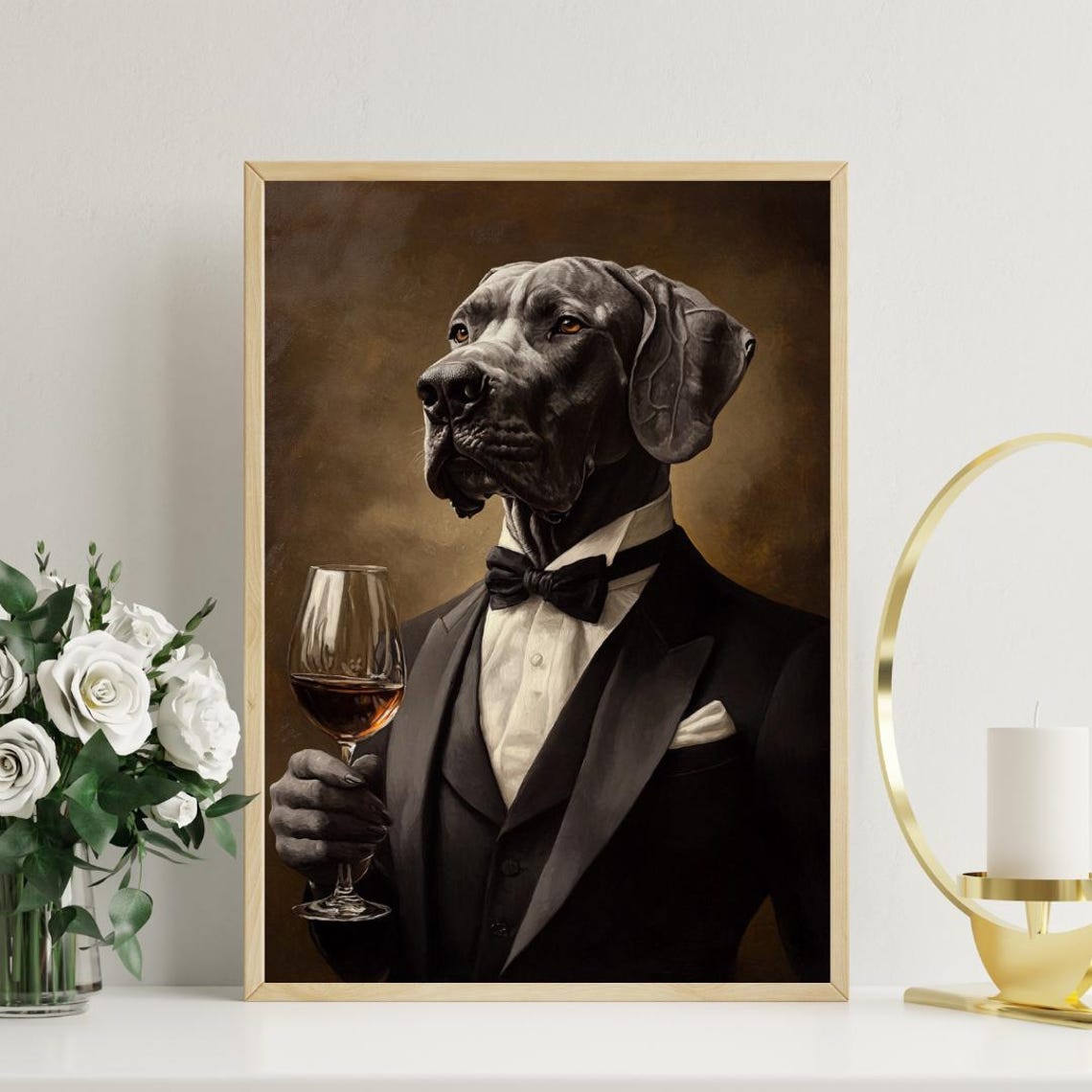 Great Dane in an Elegant Black Tuxedo Portrait Holding Red Wine Poster - Image 3