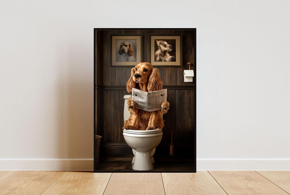 English Cocker Spaniel on Toilet Reading Newspaper Funny Poster