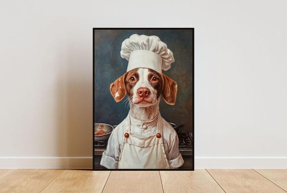 Brittany Spaniel In Chefs Hat Poster Pet Poster Brittany In Apron Print Funny Dog Wall Art Brittany Portrait Dog Kitchen Poster Animal