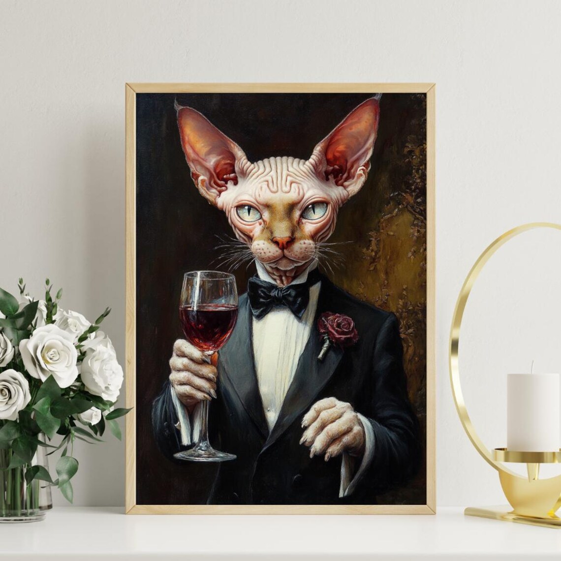 Devon Rex Cat In Tuxedo Holding Red Wine With Dark Rose Boutonniere Poster - Image 3