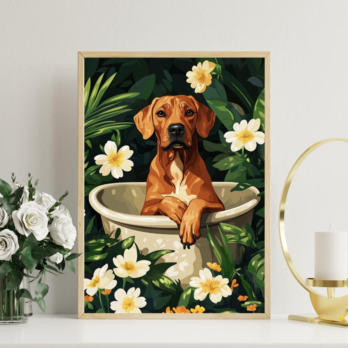 Rhodesian Ridgeback Relaxing In Flower Bathtub Funny Dog Poster - Image 3