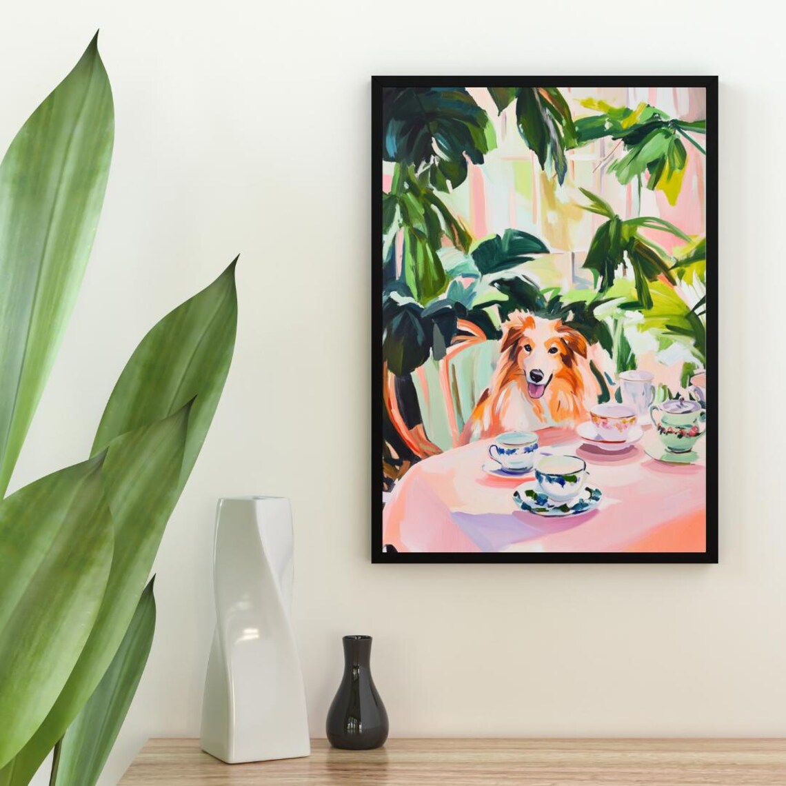 Shetland Sheepdog Dog Garden Tea Party Pastel Painting Poster - Image 2