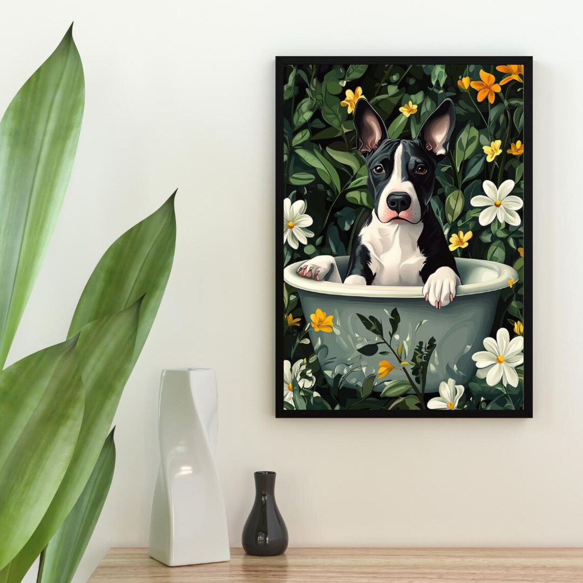 Bull Terrier in Bathtub Among Flowers Funny Floral Bathroom Dog Poster - Image 2